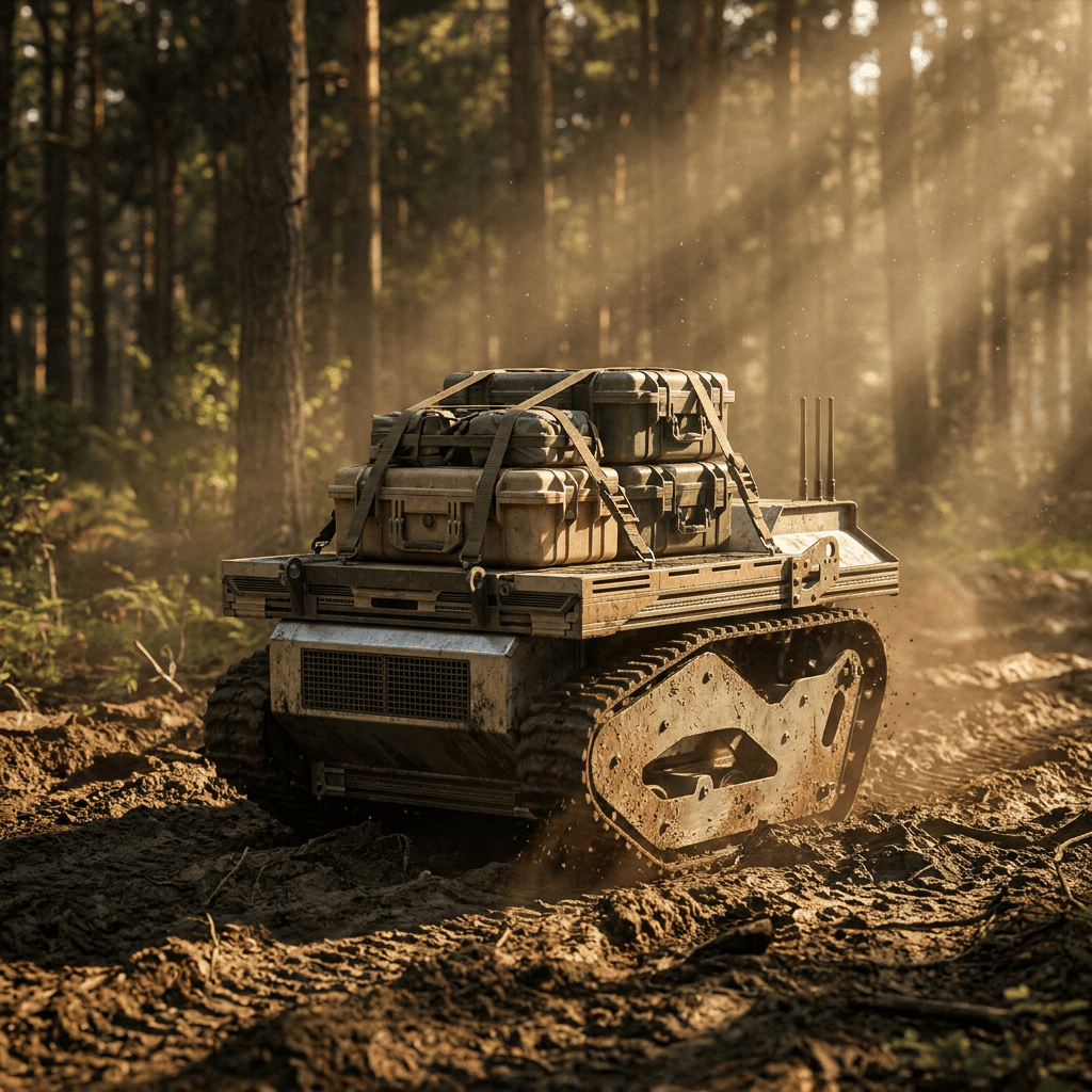 UGV carrying emergency response equipment near wildfire operations